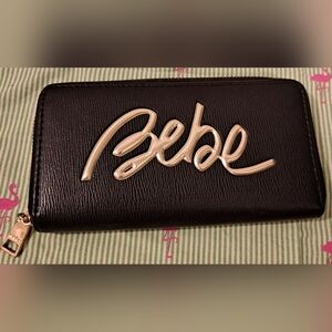 Vintage Bebe Y2K Gianna Vegan Black Leather Zip Around Signature Clutch Wallet